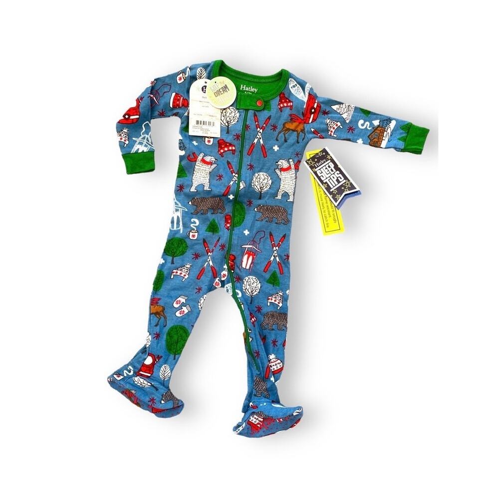 NWT Kids Hatley Footed Christmas Pajamas Sz 6-12 Month Blue Vintage Ski Print